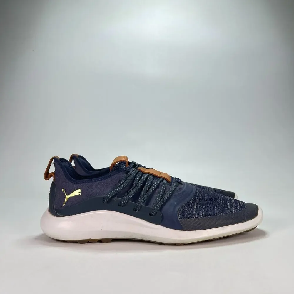 PUMA Ignite NXT Solelace Peacoat Gold Spikeless Golf Shoes 192224-02 Mens Size 9